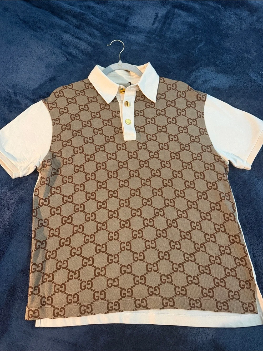 Gucci Brown GG Monogram Polo with White Collar & Sleeves